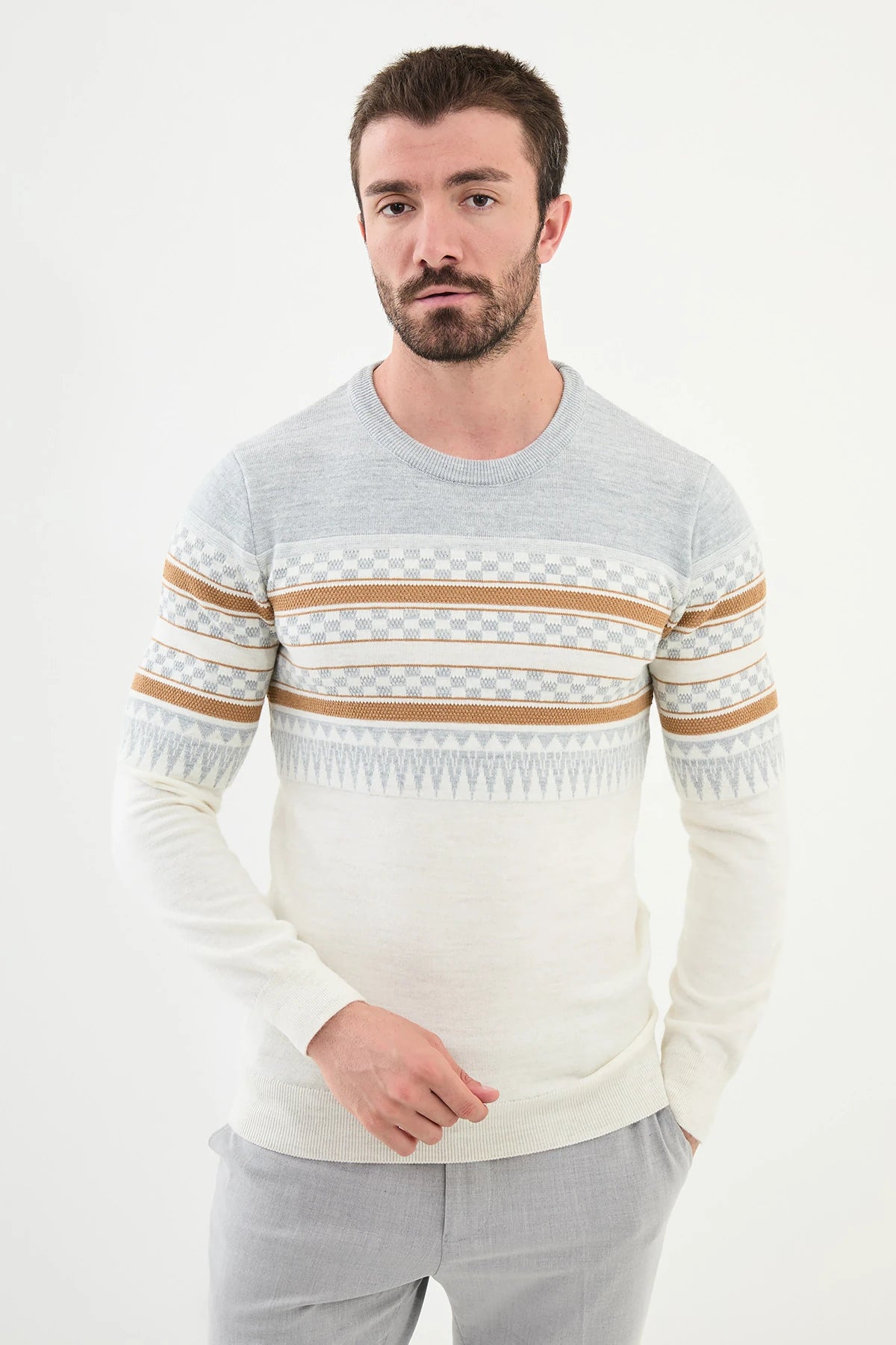 Bojoni Capena Patterned Slim Fit Crew Neck Ecru Knitwear Sweater