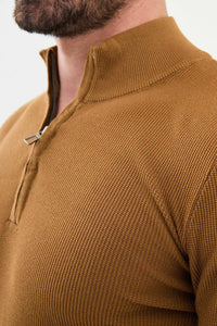 Bojoni Capena Textured Slim Fit Zippered Half Turtleneck Camel Knitwear Sweater