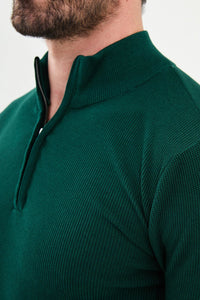 Bojoni Capena Textured Slim Fit Zippered Half Turtleneck Emerald  Knitwear Sweater