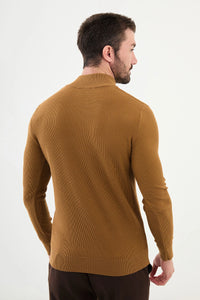 Bojoni Capena Textured Slim Fit Zippered Half Turtleneck Camel Knitwear Sweater