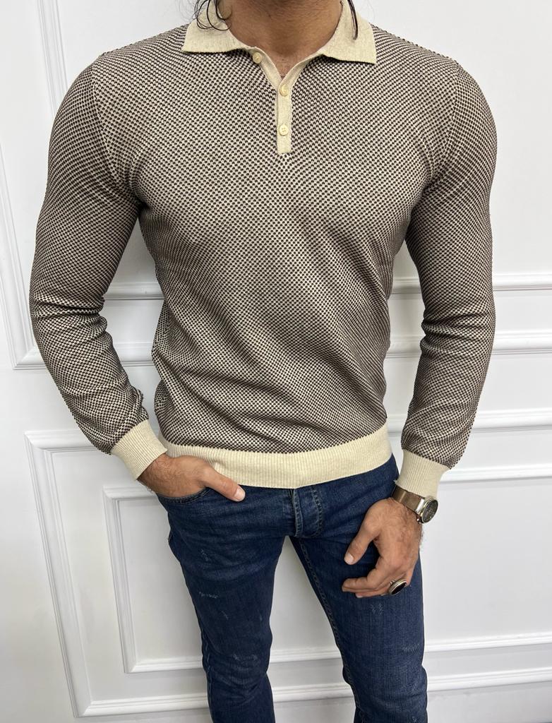 Leon Slim Fit Beige Polo Collared Knit Sweater