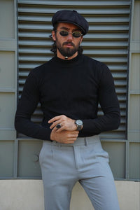 Thread Slim Fit Custom Design Half Turtleneck Black Sweater