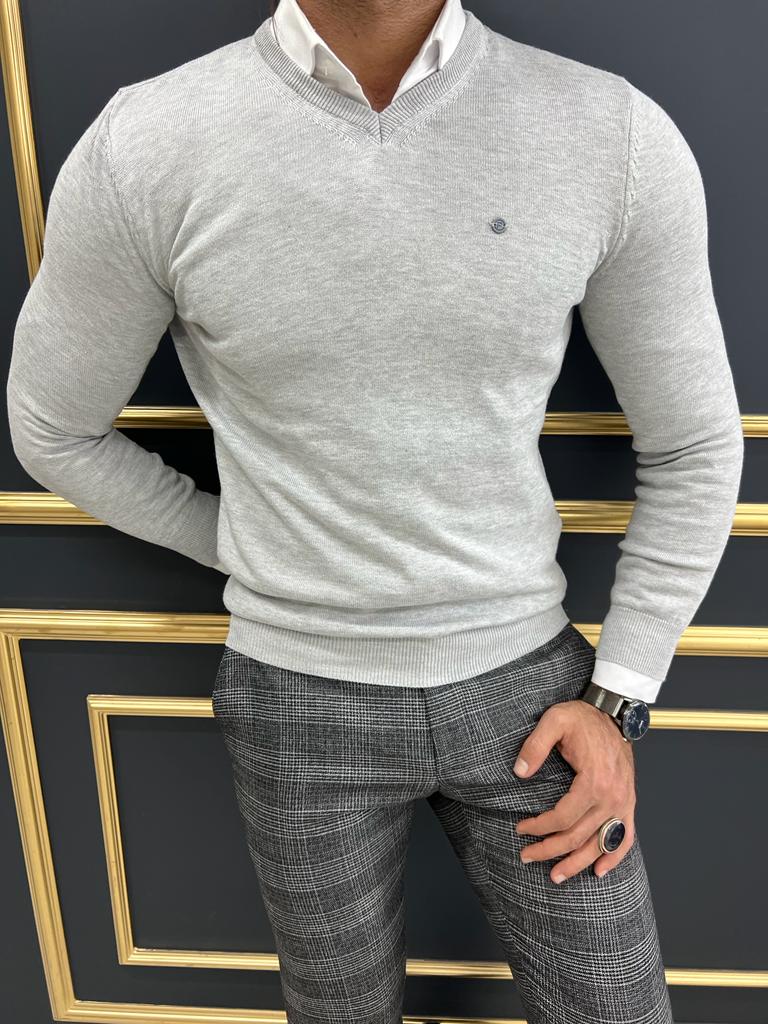 Leon Slim Fit V-Neck Grey Sweater