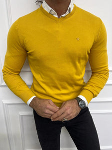 Bojoni Astoria Yellow Slim Fit V-Neck Sweater