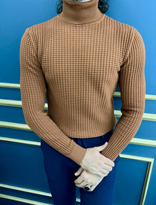 Thread Slim Fit Custom Design Half Collared Textured Camel Turtleneck