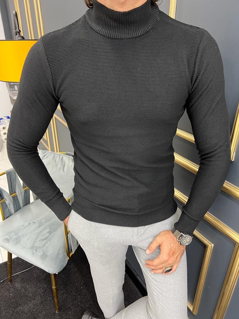 Thread Slim Fit Custom Design Half Collared Black Turtleneck