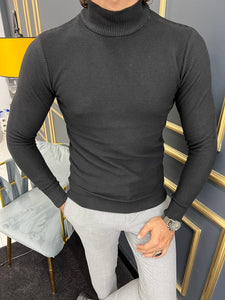 Thread Slim Fit Custom Design Half Collared Black Turtleneck