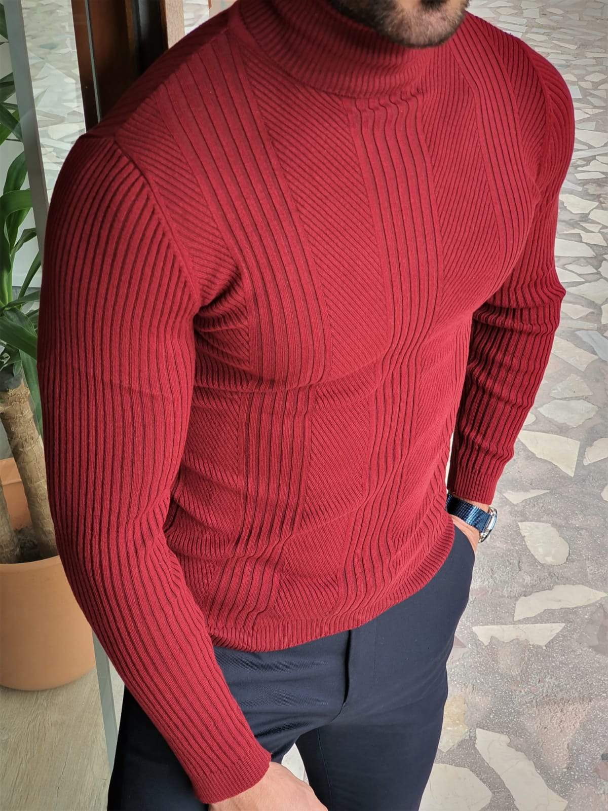 Elko Claret Red Slim Fit Striped Turtleneck Wool Sweater-baagr.myshopify.com-sweatshirts-BOJONI