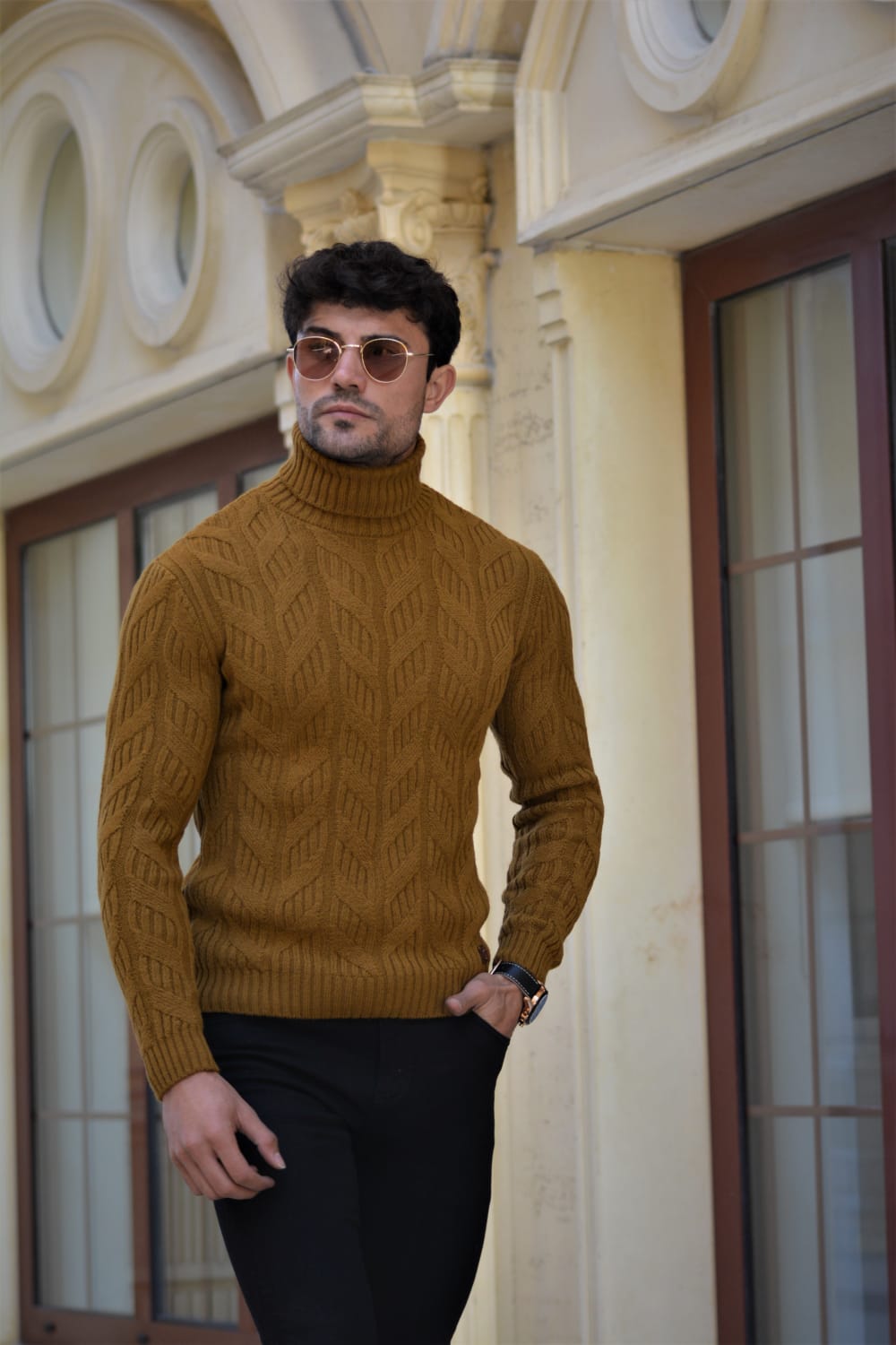 Vicenza Slim-fit Patterned Turtleneck wool Knitwear Camel-baagr.myshopify.com-sweatshirts-BOJONI