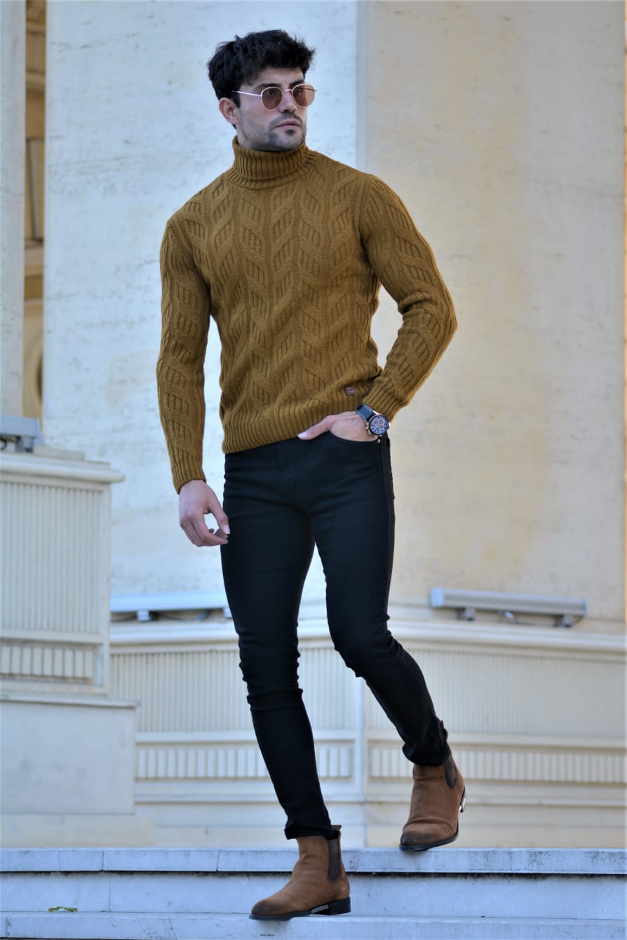 Vicenza Slim-fit Patterned Turtleneck wool Knitwear Camel-baagr.myshopify.com-sweatshirts-BOJONI