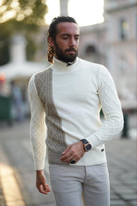 Thread Slim Fit Custom Design White Mixed Colors Turtleneck Sweater