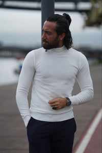 Thread Slim Fit Custom Design Half Turtleneck White Sweater