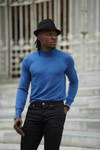 Thread Slim Fit Custom Design Half Collared Blue Turtleneck