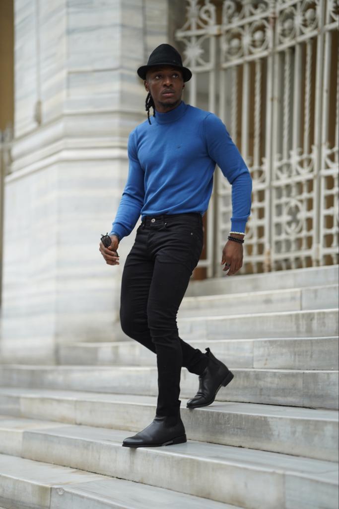 Thread Slim Fit Custom Design Half Collared Blue Turtleneck